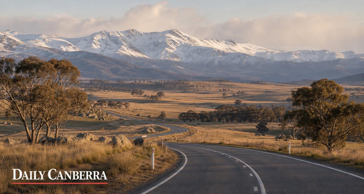 Snow-capped Snowy Mountains rising above the Monaro plains south of Canberra